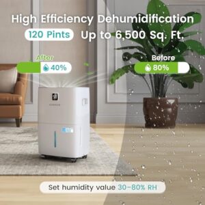 Kesnos 120 Pints Energy Star Dehumidifier for Home & Basement with Drain Hose, Front LED Display and 1.06 Gal Water Tank, Ideal for Spaces up to 6,500 Sq. Ft., Featuring Auto Defrost & Timer