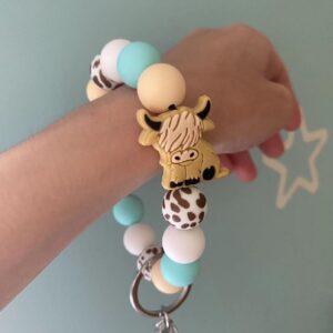 Lemua Cow Keychain Wristlet Cow Print Silicone Key Ring Bracelet Bead Keychain Cow Accessories for Women