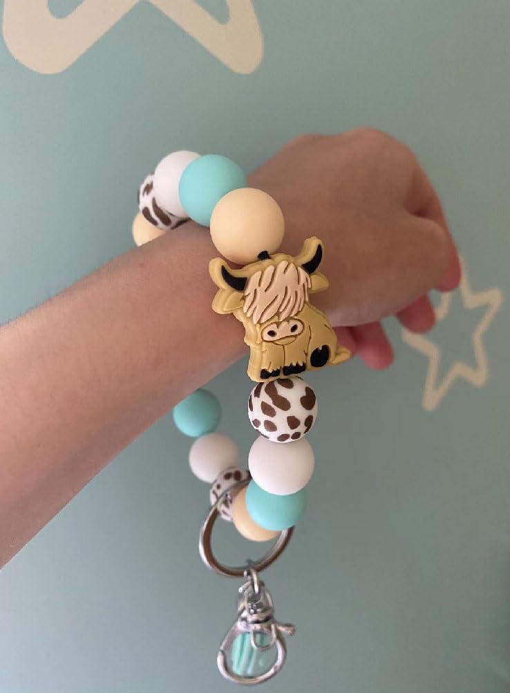 Lemua Cow Keychain Wristlet Cow Print Silicone Key Ring Bracelet Bead Keychain Cow Accessories for Women