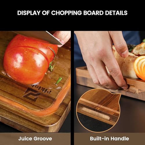 Acacia Wood Cutting Boards Large Set of 7, Charcuterie Chopping Board for Kitchen with Holder, Plastic Serving Board Mats, Juice Groove, Reversible Butcher Block for Meat Cheese Bread