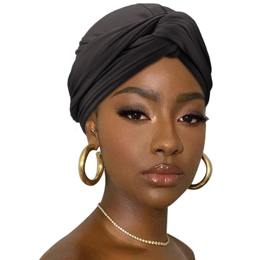 DRESHOW African Turban for Women Knotted Hairwraps for Sleeping Headwraps Ribbed Turban Stretch Jersey Head Scarf for Black Women Chemo Cancer Cap