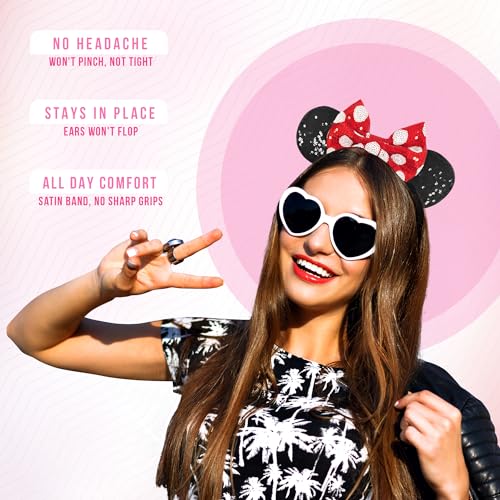 Styla Hair 3 Piece Hairband Set - Red Black - Includes Sequin Mouse Ears Headband, Velvet Sequin Scrunchie, and Claw Clip - Hair Accessories for Women, Teens, Kids