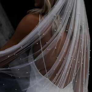 Elawbty 1 Tier Pearl Cathedral Length Wedding Bridal Veil With Metal Comb White F55