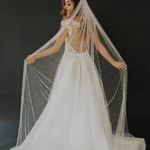 Elawbty 1 Tier Pearl Cathedral Length Wedding Bridal Veil With Metal Comb White F55