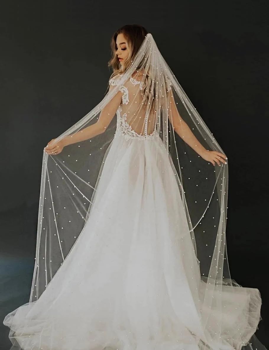 Elawbty 1 Tier Pearl Cathedral Length Wedding Bridal Veil With Metal Comb White F55