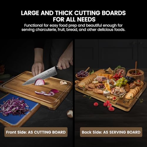 Acacia Wood Cutting Boards Large Set of 7, Charcuterie Chopping Board for Kitchen with Holder, Plastic Serving Board Mats, Juice Groove, Reversible Butcher Block for Meat Cheese Bread