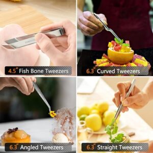 JETKONG 6 Pcs Cooking Tweezer Tongs, 12'' and 6.3" Stainless Steel Kitchen Tweezer Set, Professional Chef Tweezers for Cooking, Repairing, Sea Food, BBQ, Multi-use