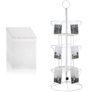 nqeuepn 12 pockets greeting card display stand, 3 tier metal greeting card display with 200 clear resealable polypropylene bags rotating countertop greeting card rack for showcase, white