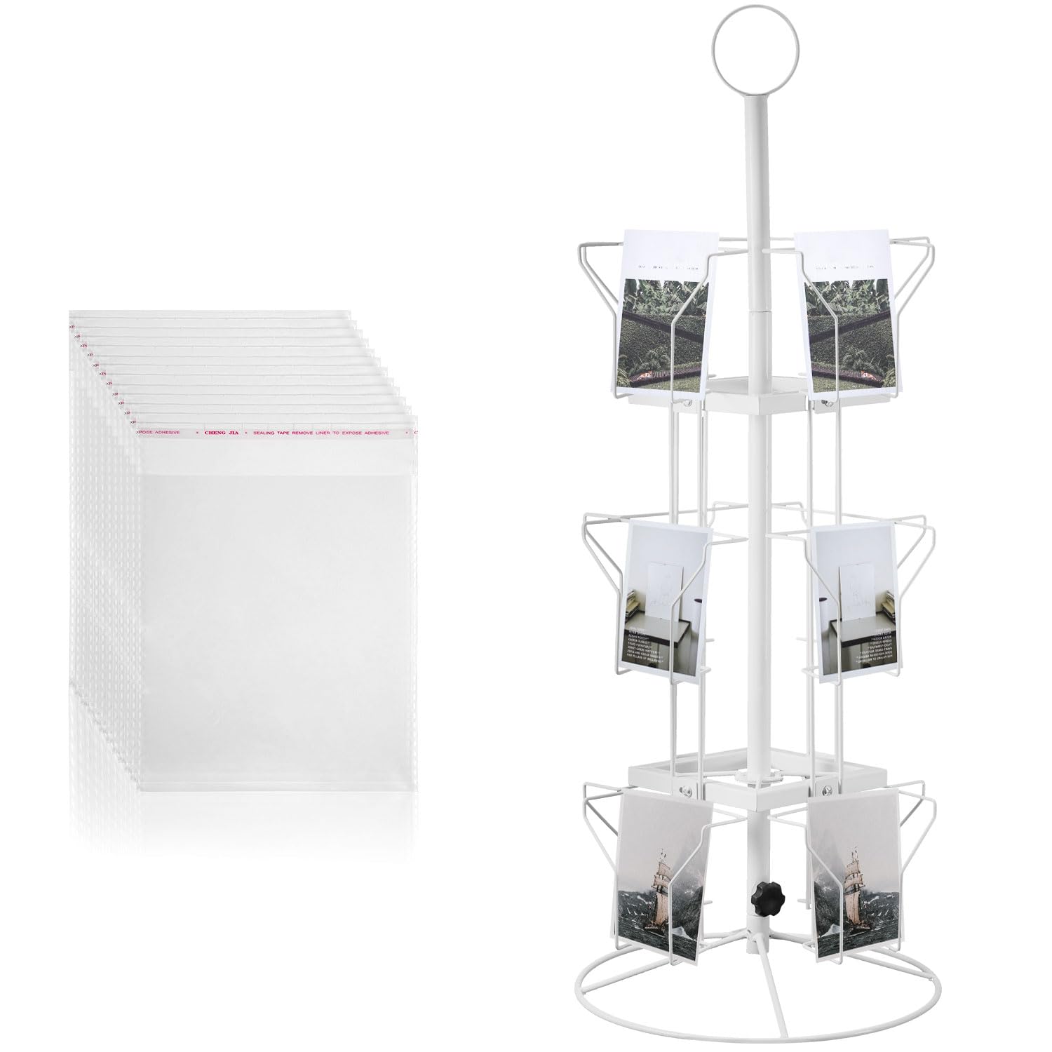 NQEUEPN 12 Pockets Greeting Card Display Stand, 3 Tier Metal Greeting Card Display with 200 Clear Resealable Polypropylene Bags Rotating Countertop Greeting Card Rack for Showcase, White