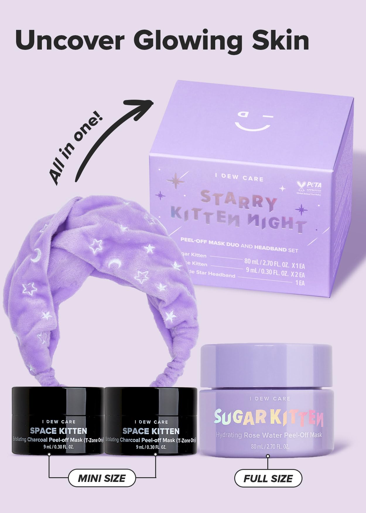 I DEW CARE Starry Kitten Night - Peel Off Masks and Headband Set | Hydrating, Illuminating, Exfoliating, Star-patterned Headband, Gifts Set for Women and Girls