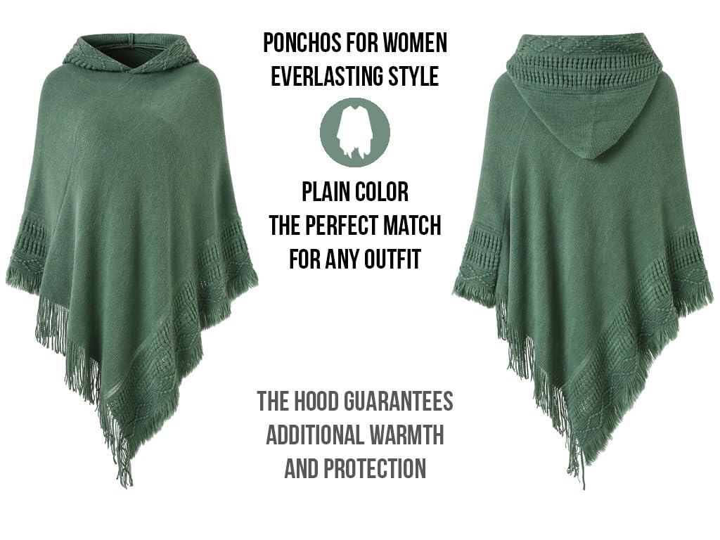 Ferand Ladies' Hooded Cape with Fringed Hem, Crochet Poncho Knitting Patterns for Women, One Size, Light Green