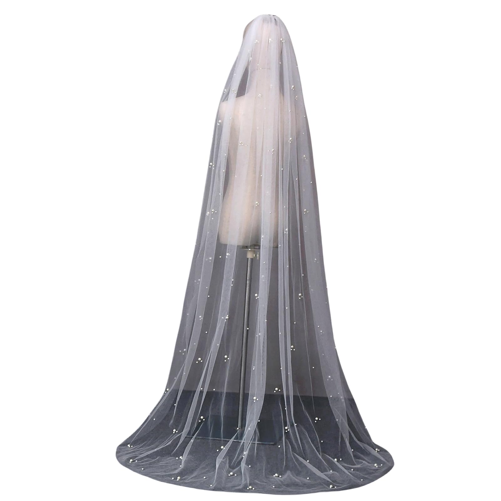 Mopmap 1 Tier Bridal Wedding Veil Pearl Chapel Length Tulle Hair Accessories with Comb (off white 78.7 * 62.9inches)