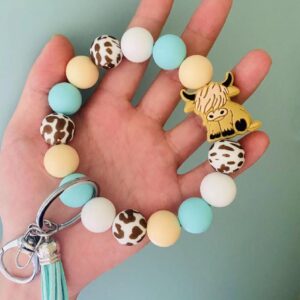 Lemua Cow Keychain Wristlet Cow Print Silicone Key Ring Bracelet Bead Keychain Cow Accessories for Women