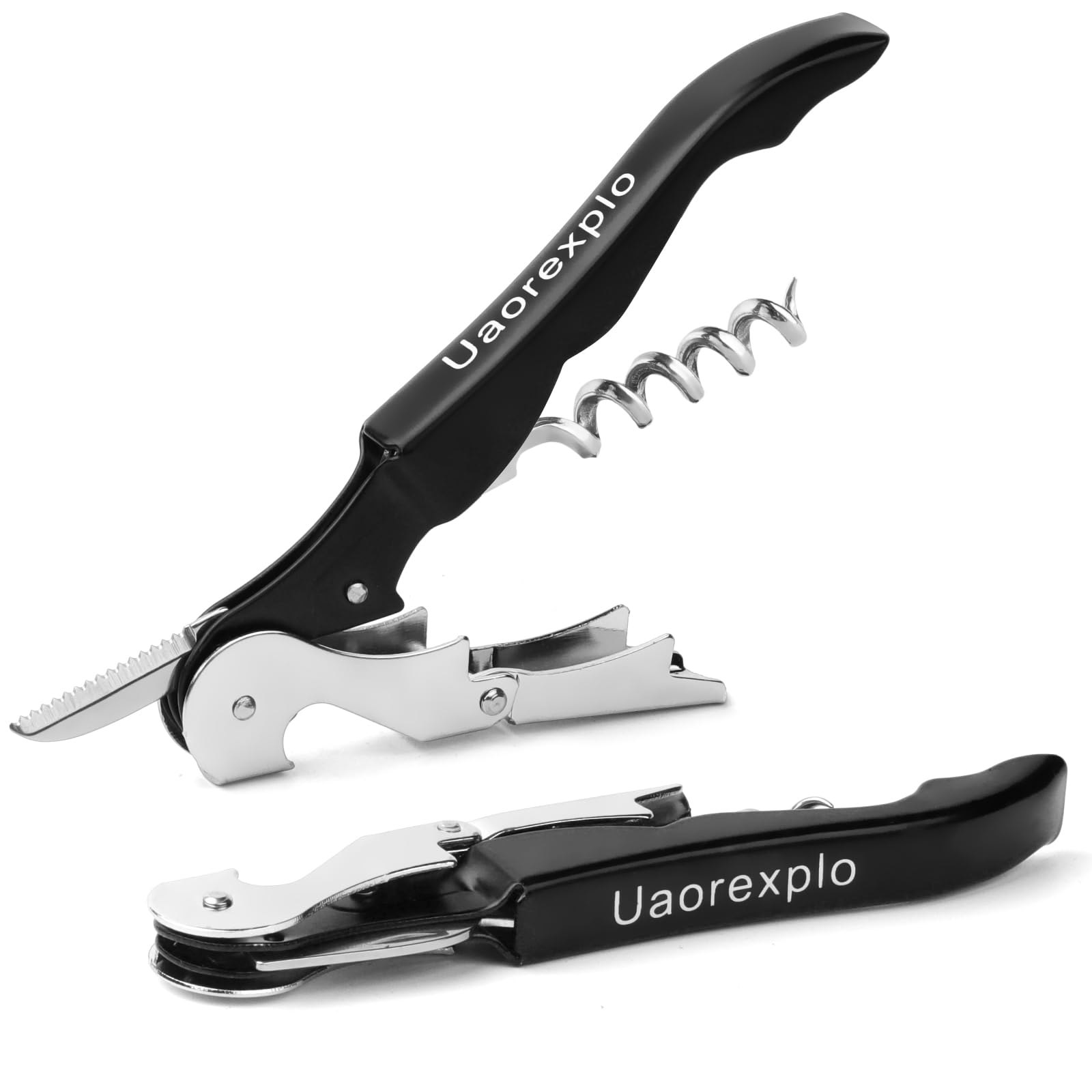 Uaorexplo Wine Key, Black, 2PCS, Waiter Corkscrew Wine Opener Manual, Double Hinged with Foil Cutter, Sturdy Stainless-Steel Screw, Wine Bottle Opener for Servers, Waiters, Bartenders and Sommeliers