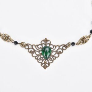 Merroyal Gothic Crescent Moon Head Chain Boho Teardrops Rhinestones Headband Halloween Festival Hair Acessories（Bronze and Green）