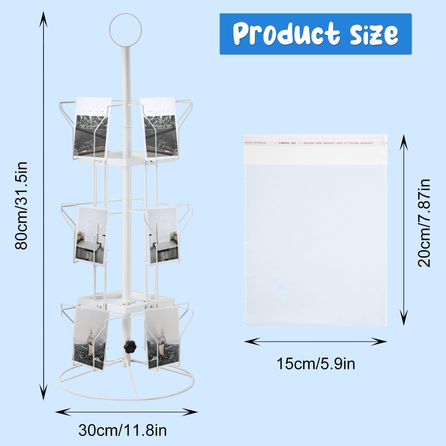 NQEUEPN 12 Pockets Greeting Card Display Stand, 3 Tier Metal Greeting Card Display with 200 Clear Resealable Polypropylene Bags Rotating Countertop Greeting Card Rack for Showcase, White