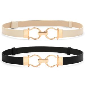 vonmelli 2 pack women's leather belts for jeans dress pants fashion gold buckle ladies skinny belt black beige