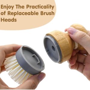 Bamboo Dish Palm Brush with Holder - 2 Pack RIMAY Wooden Replaceable Cleaning Scrub Brushes Washing Scrubber Set Kitchen Wood Dishwashing Tool for Pots,Pans,Counter&Sink