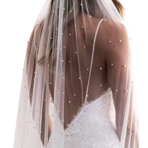 Elawbty 1 Tier Pearl Cathedral Length Wedding Bridal Veil With Metal Comb White F55