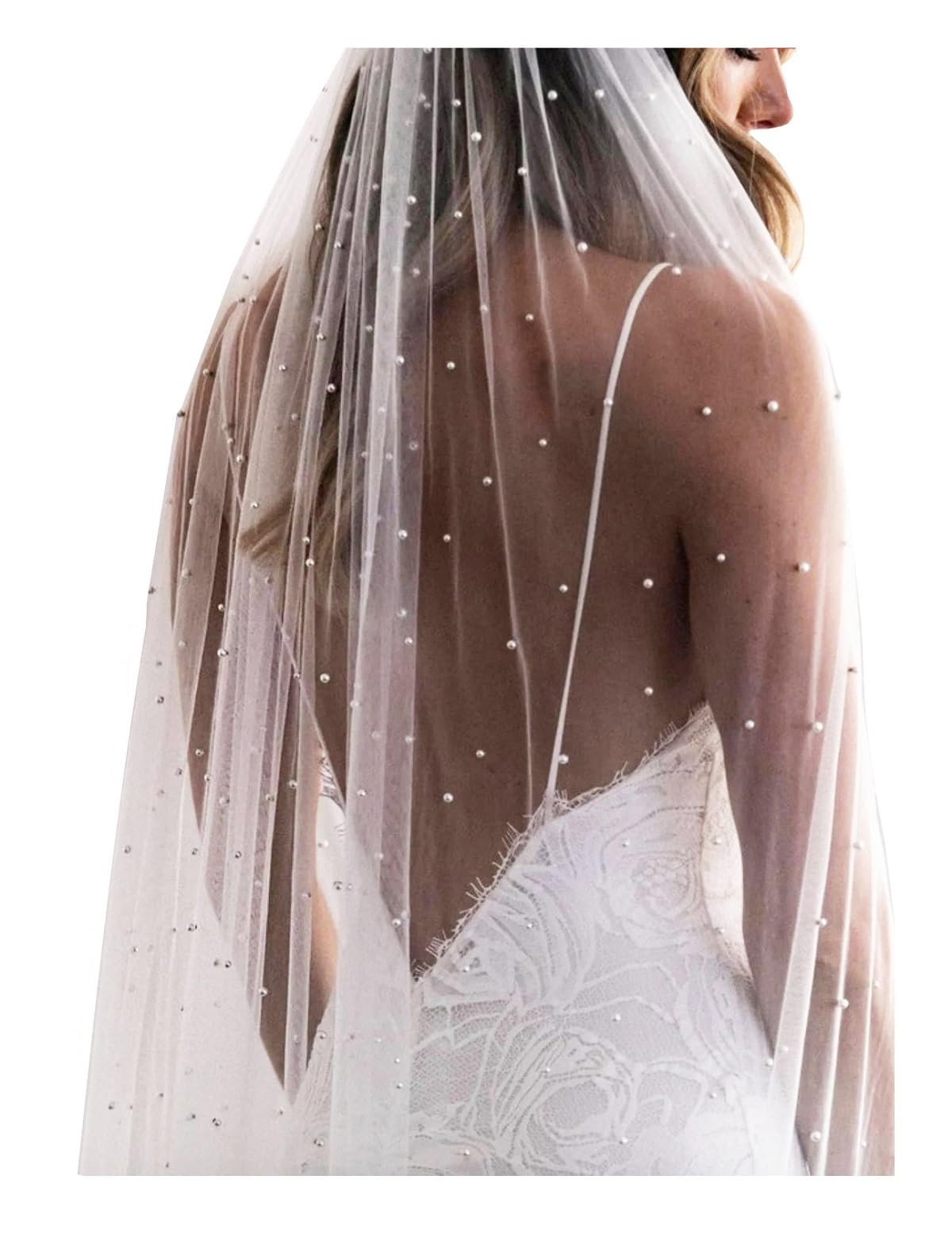 Elawbty 1 Tier Pearl Cathedral Length Wedding Bridal Veil With Metal Comb White F55