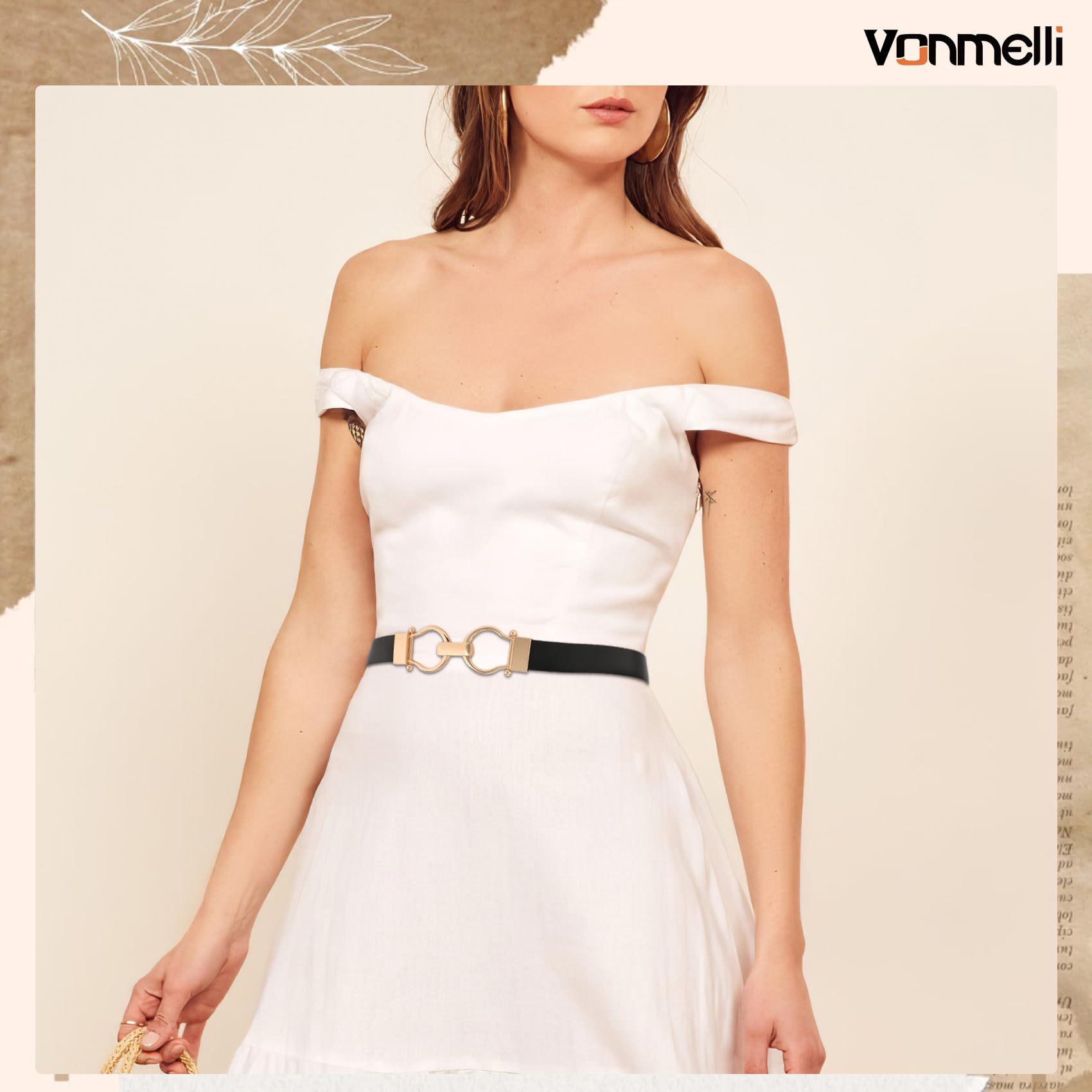 VONMELLI 2 Pack Women's Leather Belts for Jeans Dress Pants Fashion Gold Buckle Ladies Skinny Belt Black Beige