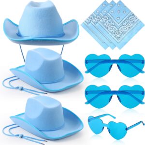 geyoga 9 pcs cowboy hat with paisley print bandanas and heart shape sunglasses for halloween cowboy party costume(blue)