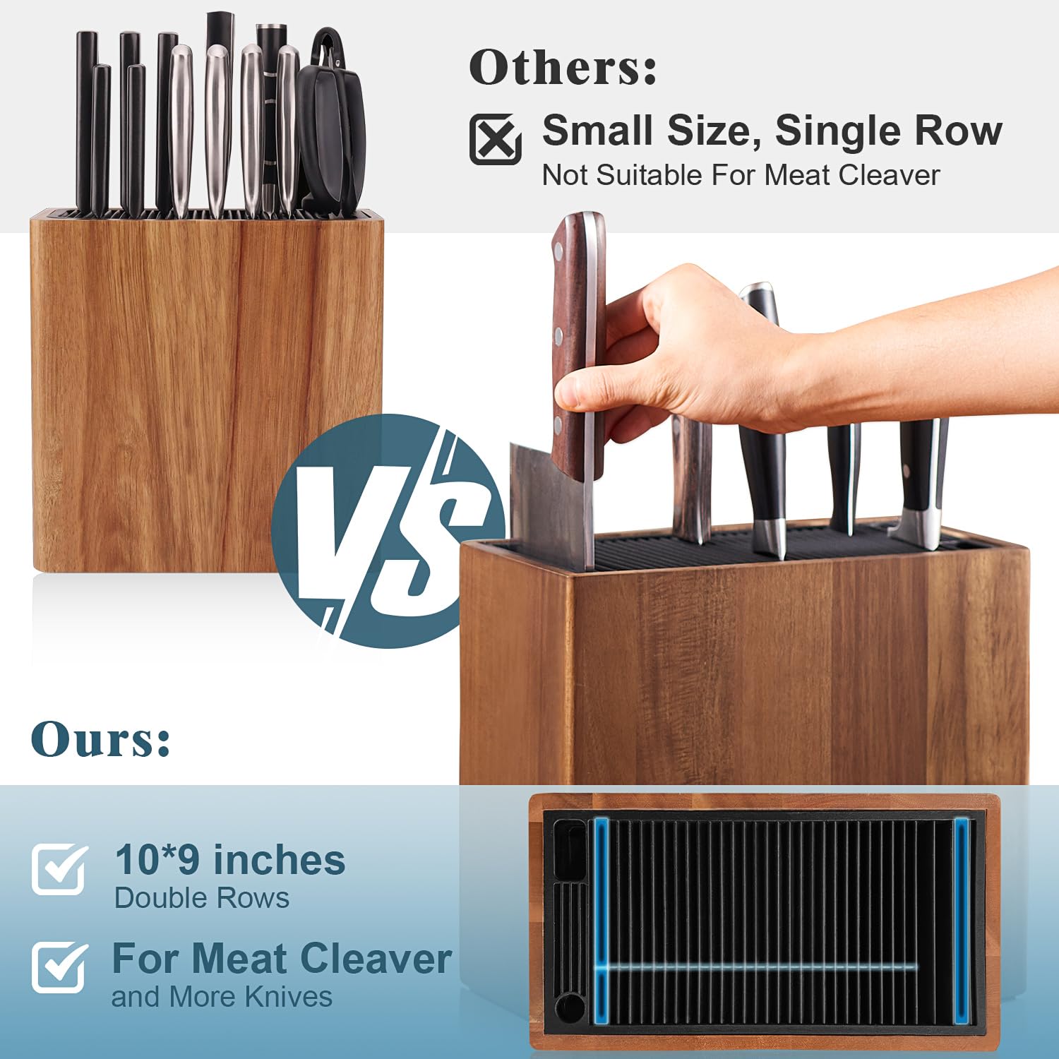 ENOKING XXL Acacia Wood Universal Knife Holder with Slots – Safe, Space-Saving Kitchen Knife Block with Blade-Protecting Slots for Scissors, Sharpening Rod, and Knife Storage Organizer