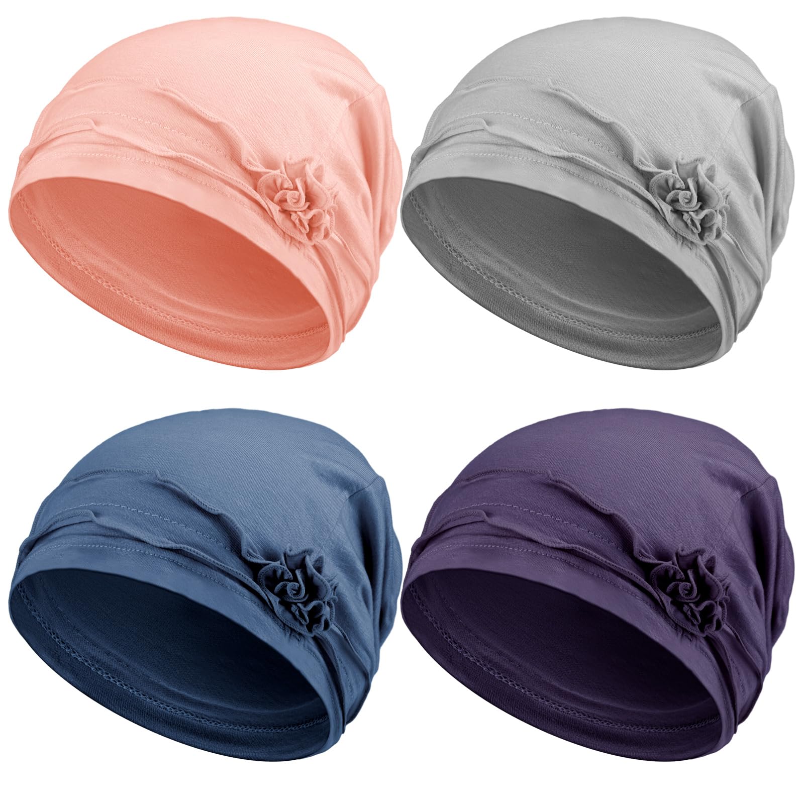 Geyoga 4 Pcs Cotton Cancer Headwear for Women Chemo Caps Headcovers Headwrap Soft Flower Turban Hats for Women(Sky Blue, Purple, Light Gray, Pink,Simple Flower)