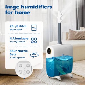 Lacidoll Humidifiers for Large Room Home, 6.6Gal/25L Large Humidifier Whole House Humidifier 3000 sq.ft, Cool Mist Top Fill Floor Commercial and Industrial Humidifiers, 360° Nozzle Sets, 3 Speed