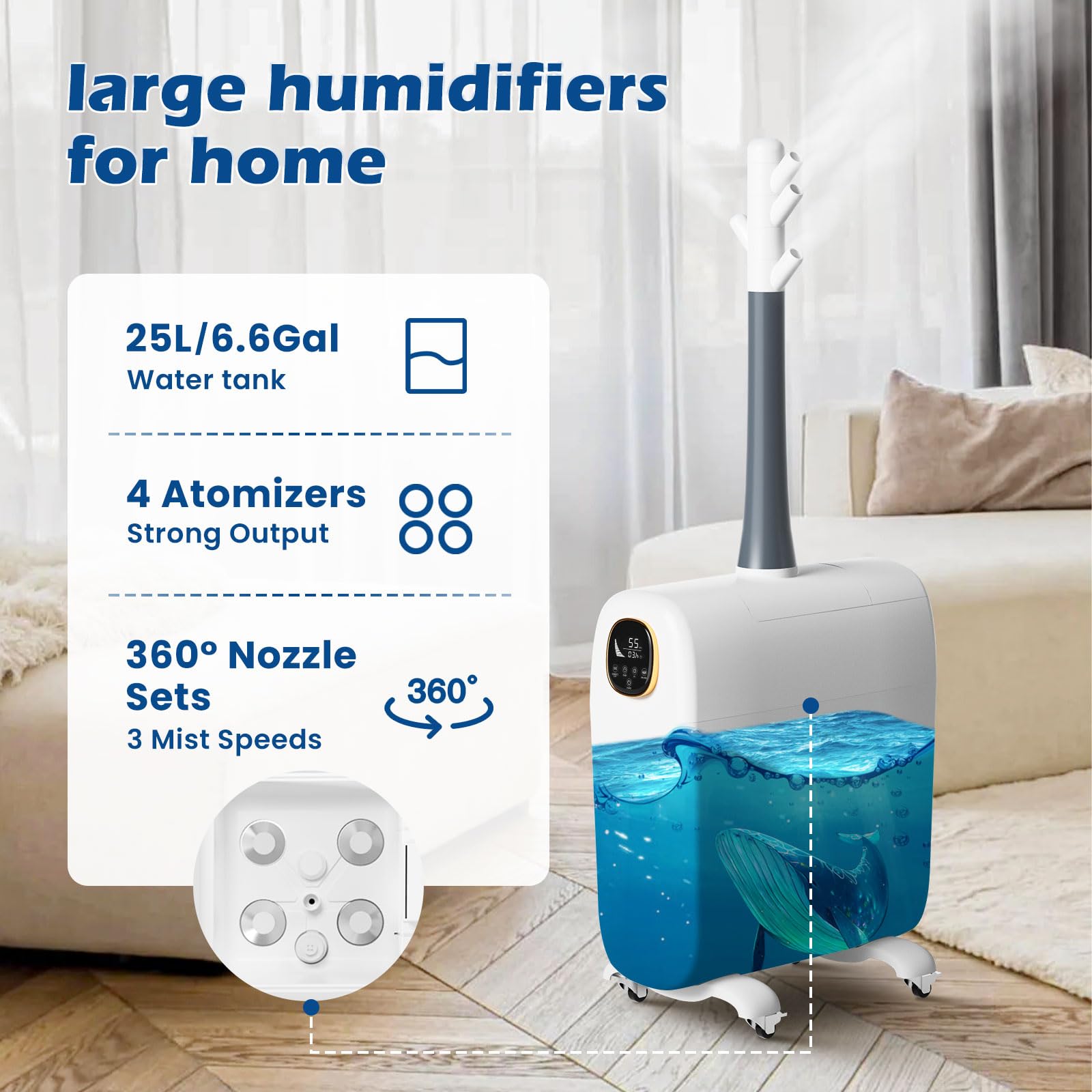 Lacidoll Humidifiers for Large Room Home, 6.6Gal/25L Large Humidifier Whole House Humidifier 3000 sq.ft, Cool Mist Top Fill Floor Commercial and Industrial Humidifiers, 360° Nozzle Sets, 3 Speed