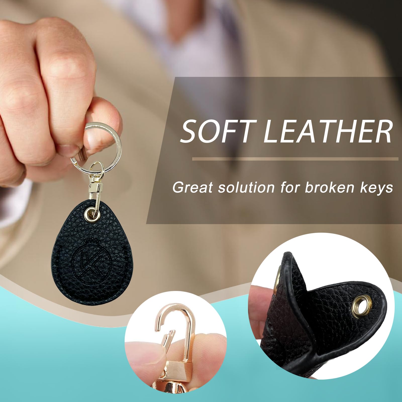 KRSURERICHER Leather Key Fob Holder, Access Card Key Chains RFID Protector, NFC Smart Key tag Case Keychain for Broken Key