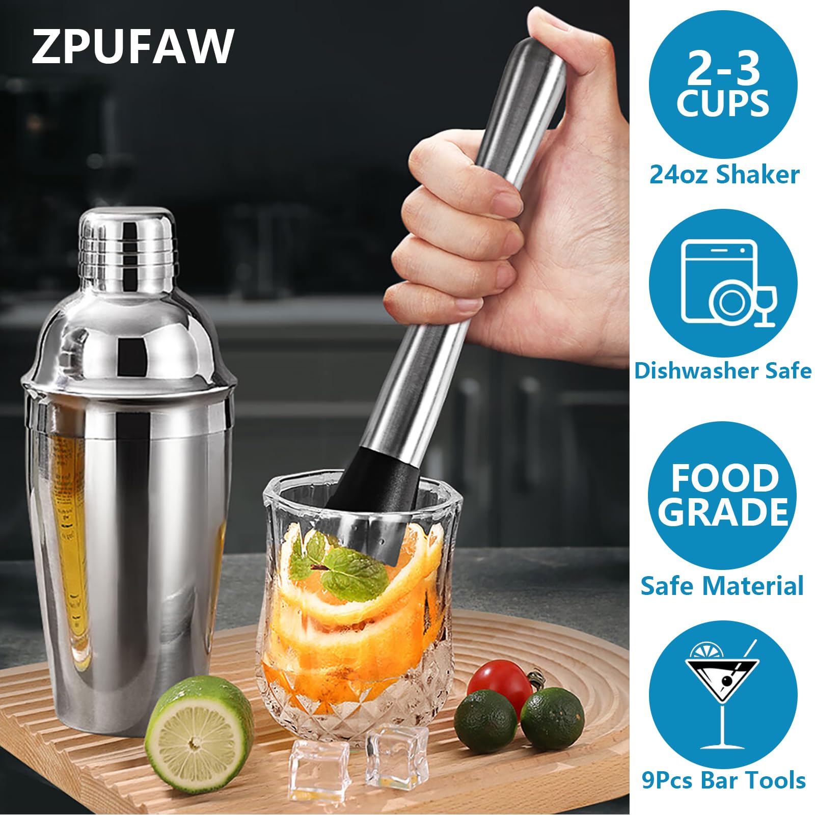 ZPUFAW 24oz Cocktail Shaker Set 9 Piece Bartender Kits Bar Tools Perfect for Drink Mixing Martini Stainless Steel Home Bar Set for Dad Bartender