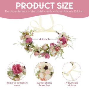 Lyrow 3 Pcs Camellia Flower Crown Rose Headpiece Wedding Flower Girl Headpiece Boho Flower Girl Hair Accessory Flower Crown Flower Girl Headband for Baby Toddler Communion Prom Photography