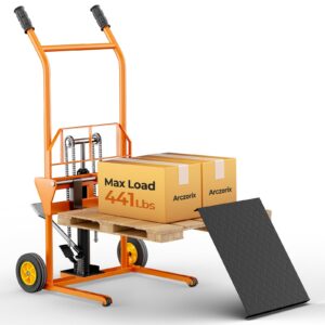 arczorix hydraulic material lift winch stacker 441 lbs 36” max lift with 9" thick rubber wheels removable flat bed 18.5" thick fork arm, pallet truck dolly lift table fork lift