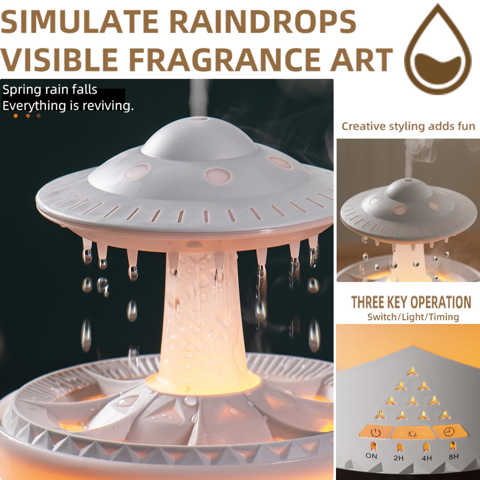 Raindrop Humidifiers for Bedroom -Essential Oil Diffuser with 7 Colors LED Lights,Air Humidifiers,Cool mist humidifier with 4 timers,Vaporizers for nursery,family,bedroom and office(No remote control)