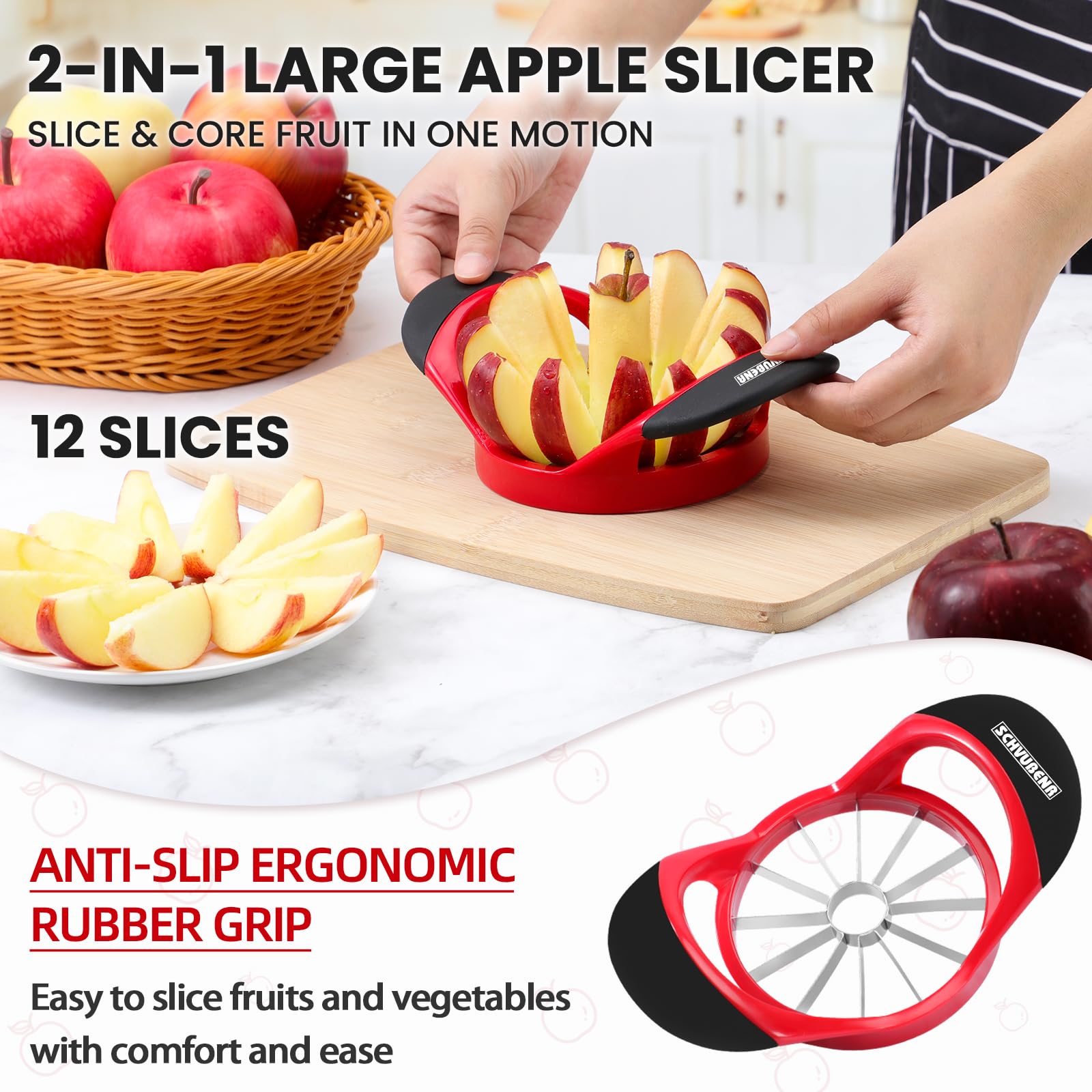 SCHVUBENR 4.72 Inch Large Apple Slicer with 12 Blades - Professional Apple Cutter - Stainless Steel Apple Corer - Sharp Apple Slicer and Corer - Apple Corer Tool - Dishwasher Safe(Red)