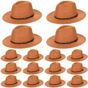 Sureio 16 Pcs Winter Fedora Hat Wide Brim Hat with Belt Buckle Woolen Flat Brim Hats for Women Costume Outfit Accessories (Camel)