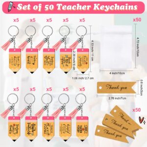 Bucherry 50 Sets Teacher Pencil Keychains Teacher Appreciation Gifts Bulk Acrylic Pencil Shaped Keychain with Tassel Organza Bags for School Women Men Teachers Gifts