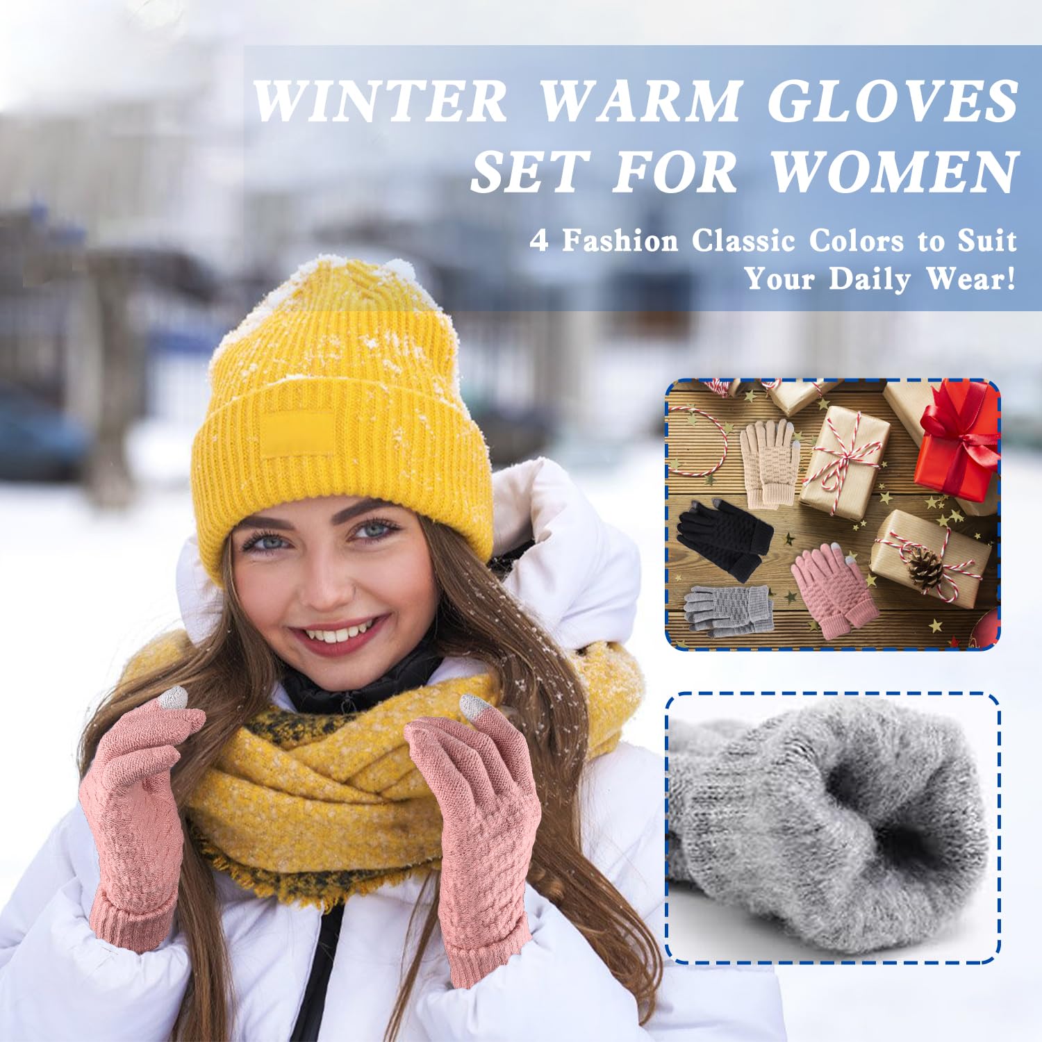 Winter Gloves for Women - 4 Pairs Touchscreen Gloves for Women Cold Weather, Fashion Knit Mittens Warm Winter Gloves