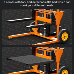 Arczorix Hydraulic Material Lift Winch Stacker 441 Lbs 36” Max Lift with 9" Thick Rubber Wheels Removable Flat Bed 18.5" Thick Fork Arm, Pallet Truck Dolly Lift Table Fork Lift