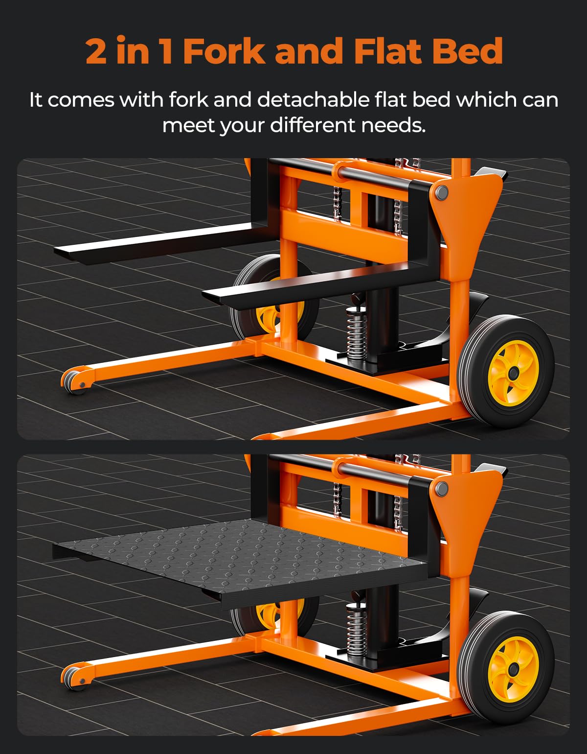 Arczorix Hydraulic Material Lift Winch Stacker 441 Lbs 36” Max Lift with 9" Thick Rubber Wheels Removable Flat Bed 18.5" Thick Fork Arm, Pallet Truck Dolly Lift Table Fork Lift