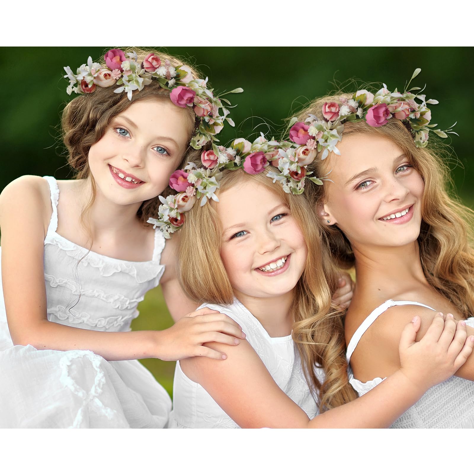 Lyrow 3 Pcs Camellia Flower Crown Rose Headpiece Wedding Flower Girl Headpiece Boho Flower Girl Hair Accessory Flower Crown Flower Girl Headband for Baby Toddler Communion Prom Photography