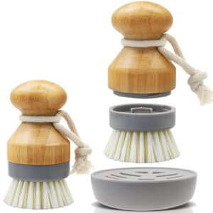 bamboo dish palm brush with holder - 2 pack rimay wooden replaceable cleaning scrub brushes washing scrubber set kitchen wood dishwashing tool for pots,pans,counter&sink