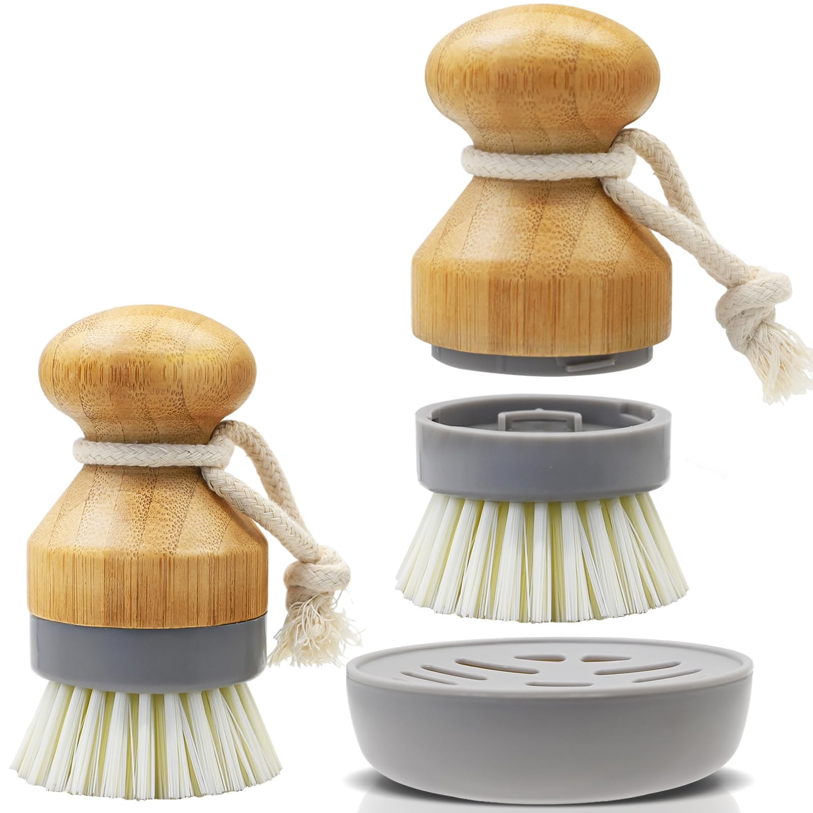 Bamboo Dish Palm Brush with Holder - 2 Pack RIMAY Wooden Replaceable Cleaning Scrub Brushes Washing Scrubber Set Kitchen Wood Dishwashing Tool for Pots,Pans,Counter&Sink