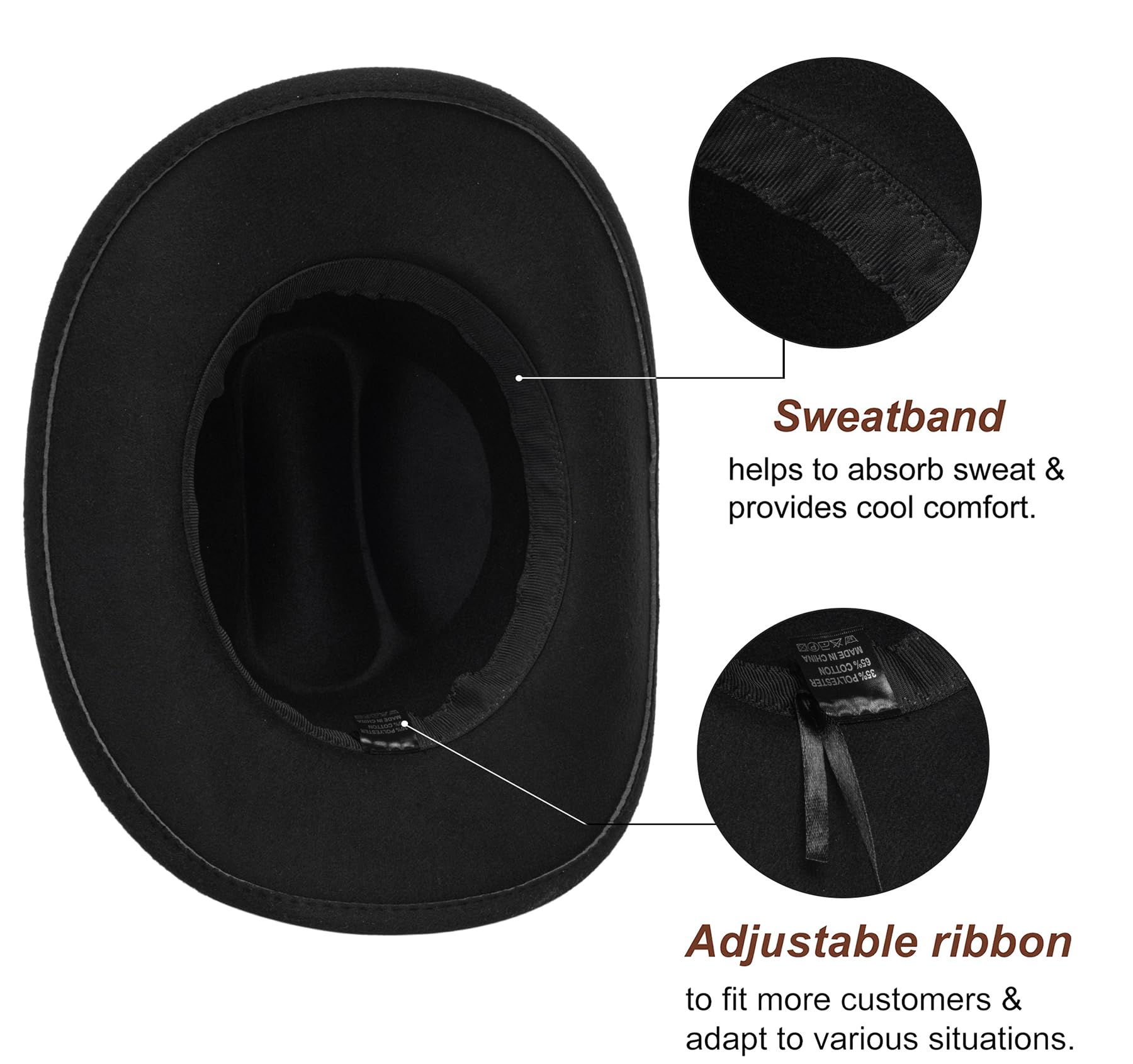 Classic Felt Wide Brim Western Cowboy & Cowgirl Hat with Buckle for Women and Men(Size:M)