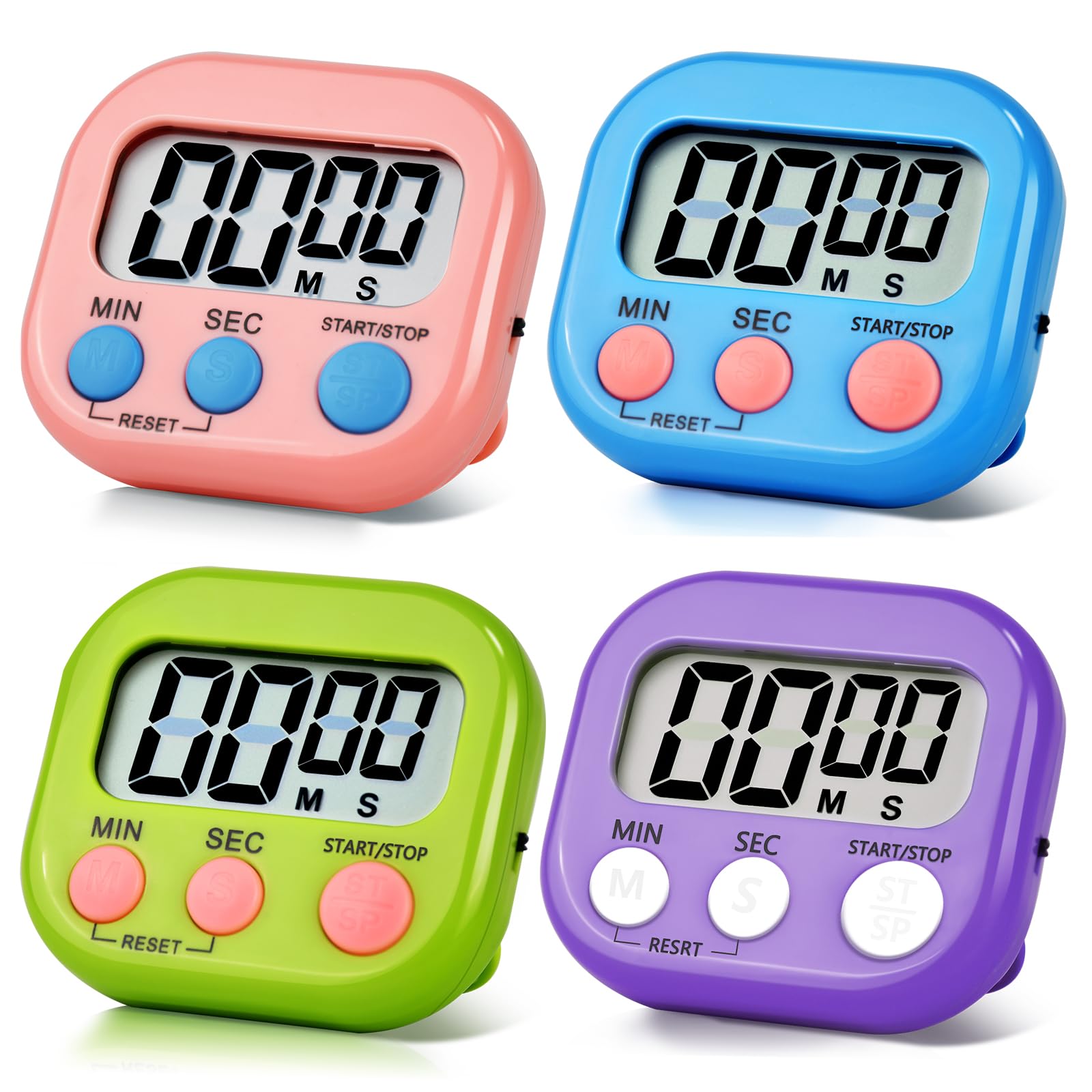 4 Pack Digital Kitchen Timer Magnetic Digital Timer with Big Display Loud Ring Cooking Timers for Kitchen Electronic Timer for Cooking, Game, Gym, Break Time, Classroom (Pink,Blue,Green,Purple, 4)