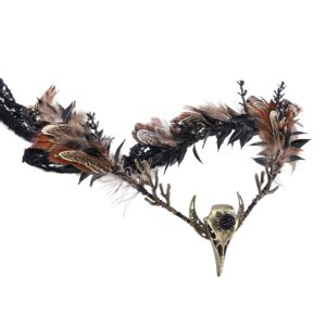 mostory brown feather witch crown - handmade gothic headpiece elf moon cirlet with crow skull dark tiara for women witch aesthetic renaissance halloween cosplay goth wedding