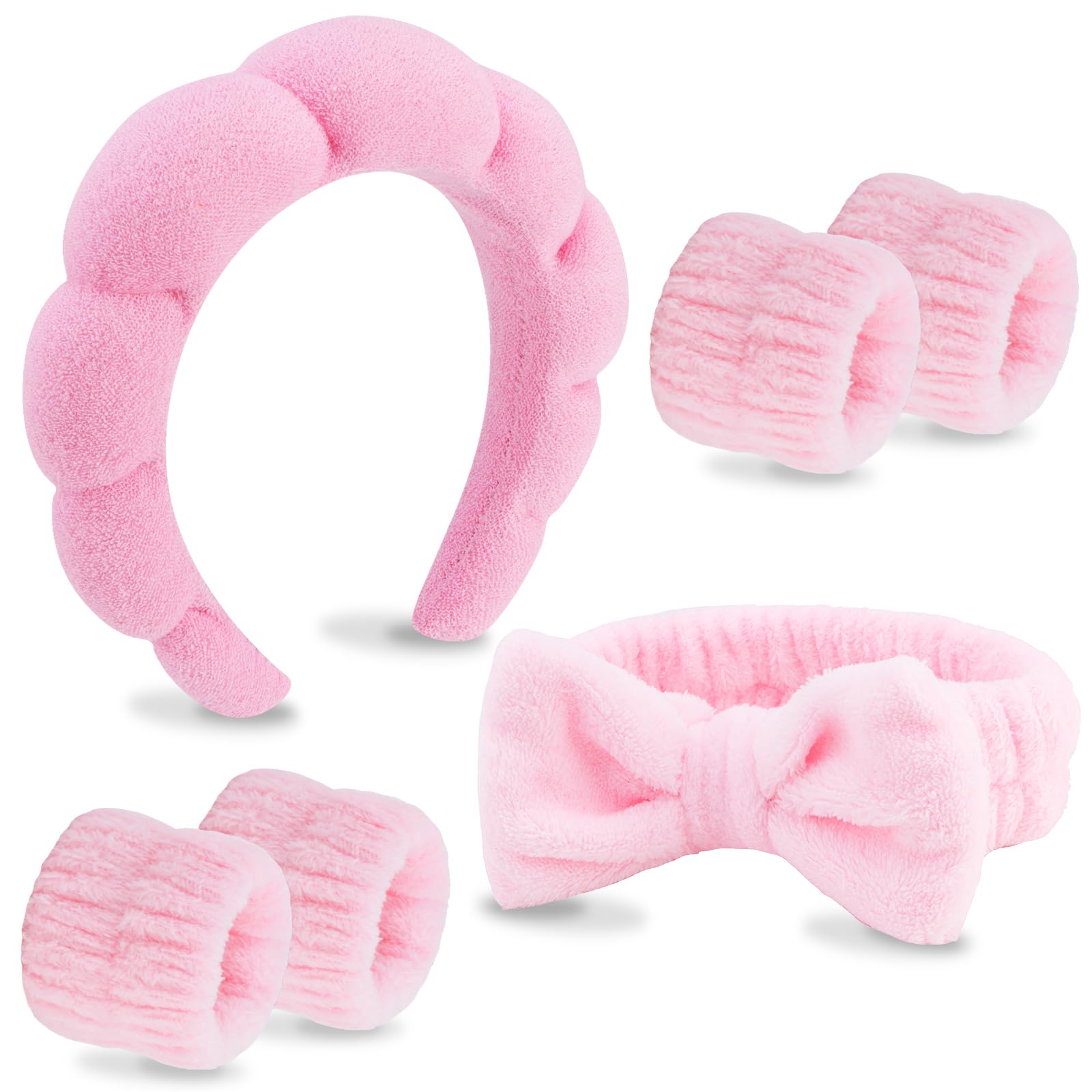 VELSCRUN 6 Pack Hairband, Pink Microfiber Spa Headband, Makeup Headband, Face Wash Bow Tie Headband, Skincare Headbands for Women Girls Hair Accessories Gifts