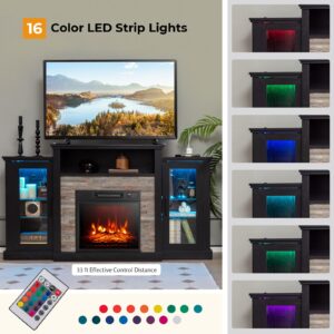 GOFLAME Fireplace TV Stand with LED Lights for TV up to 65”, Entertainment Center with 18” Electric Fireplace, Remote & APP Control, TV Console with Adjustable Glass Shelves (Black)