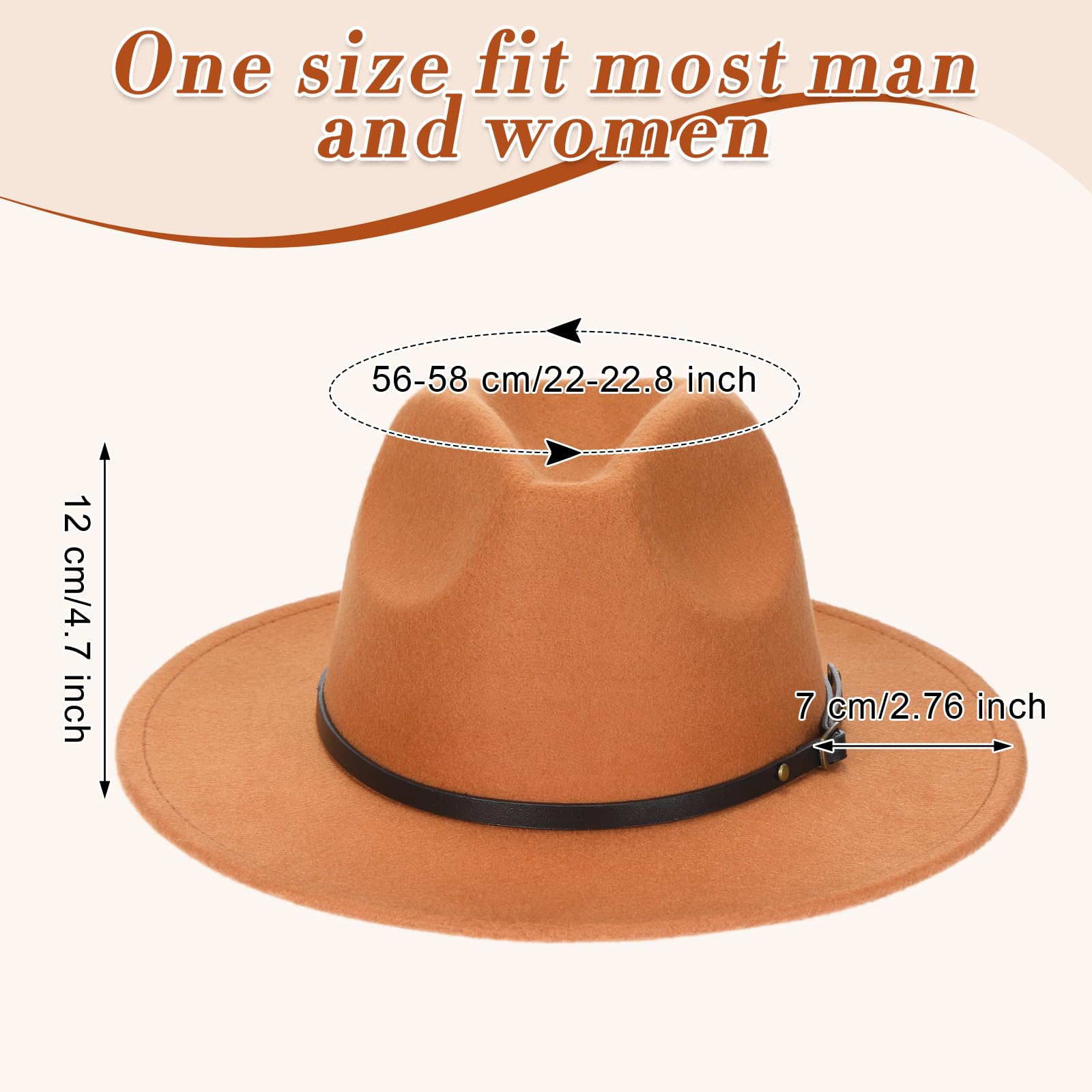 Sureio 16 Pcs Winter Fedora Hat Wide Brim Hat with Belt Buckle Woolen Flat Brim Hats for Women Costume Outfit Accessories (Camel)